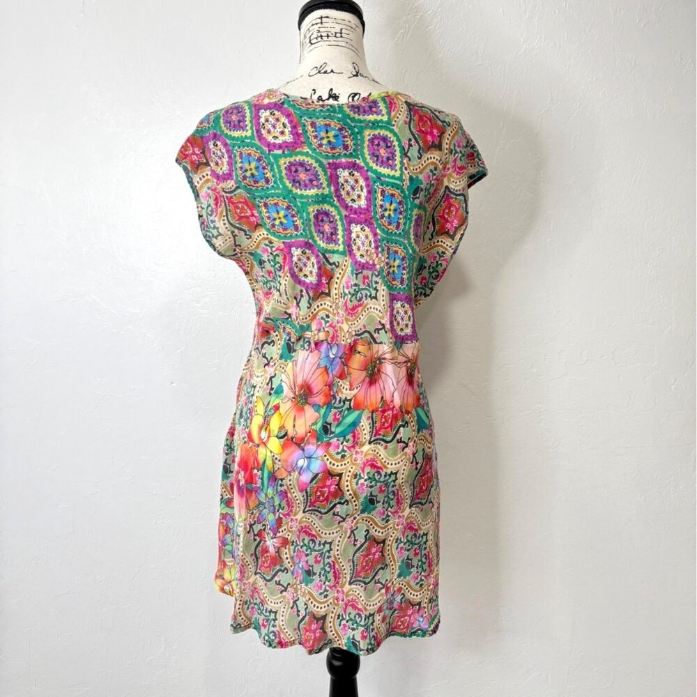 Johnny Was Women Size M Mini Tunic Dress Floral Paisley Short Sleeve Cupra Rayon - Picture 2 of 7